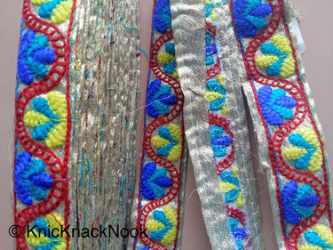 Gold Shimmer Fabric Trim With Blue, Yellow And Red Floral Embroidery, Approx. 30mm Wide - 200317L194